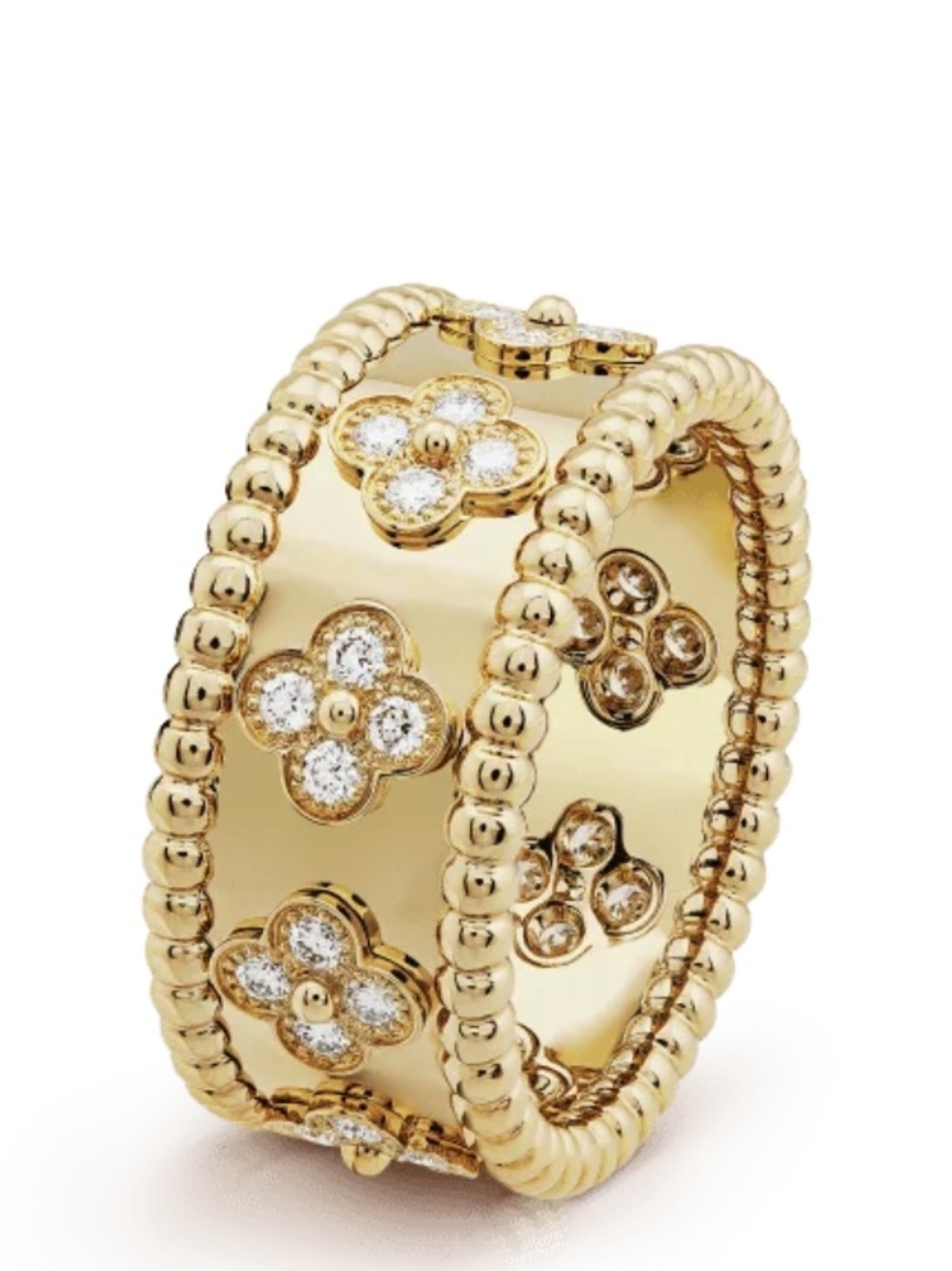 Gold Four Leaf Clover Ring Zircon Flower Wide Band